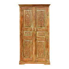 Consigned Rustic Farmhouse Armoire Floral Carved Cabinet Reclaimed Wood Storage