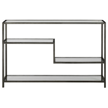 Industrial Minimalist Console Table Staggered Shelves, Multi Level Iron Glass