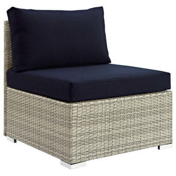 Modern Outdoor Sofa Middle Chair, Sunbrella Rattan, Navy Blue Light Gray