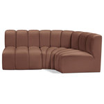 Meridian Furniture - Arc Vegan Leather Upholstered 3-Pc. L-Shaped Modular Sectional, Cognac - Unleash modern opulence with the Arc Vegan Leather 3pc. Sectional. Crafted for the modern connoisseur, this Sectional injects an air of refined luxury into any space. Its sleek silhouette, upholstered in supple cognac vegan leather, exudes timeless sophistication while the deep channel tufting adds textural intrigue, further elevating the chair's visual appeal. The modular design makes it a versatile chameleon, effortlessly adapting to your evolving needs and preferences. Whether you envision it gracing a chic living room corner, basking in the glow of a bedroom window, or adding a touch of drama to a home office, the Arc seamlessly complements your unique interior aesthetic.