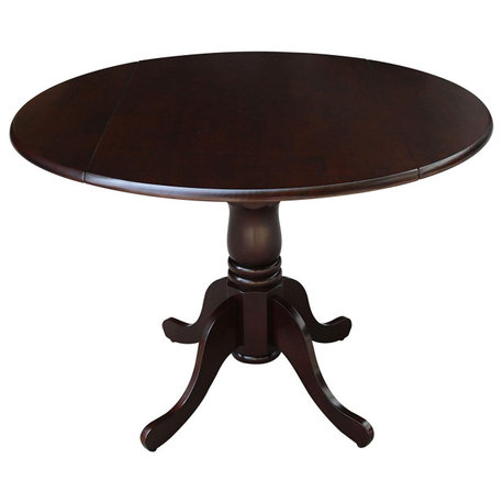 French Country Round Dining Table with Pedestal Base and Drop Leaf, Espresso