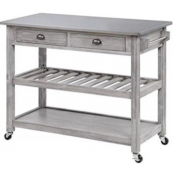 Large Kitchen Cart, Open Shelves & Stainless Steel Top, Wire Brushed Storm Gray