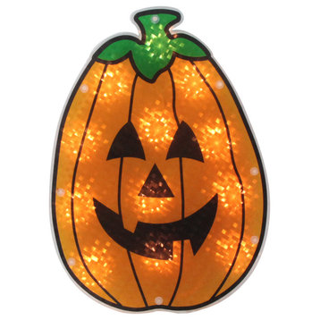 12" Orange Holographic Lighted Pumpkin Halloween Window Silhouette Decoration