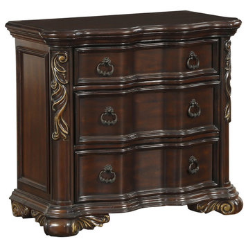 3 Drawer Nightstand with Carved Pilaster and Bracket Feet, Cherry Brown