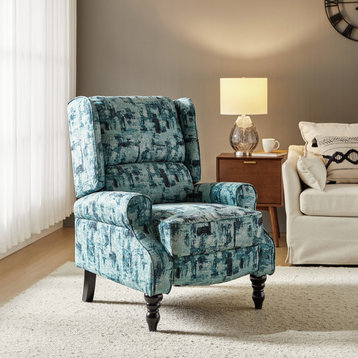 Modern Push-Back Plaid Recliner with Rolled Armrest, Blue