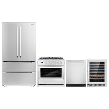 4 Piece, 36" Gas Range 24" Dishwasher & Refrigerator & Wine Refrigerator