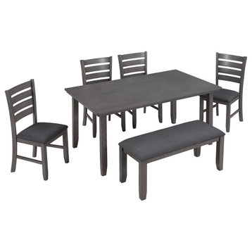 6 Pieces Rustic Dining Set, Cushioned Bench & Chairs With Ladder Back, Gray