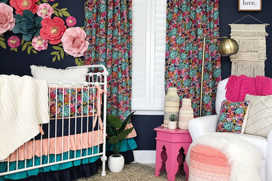 Small eclectic girl beige floor nursery photo in Austin with blue walls