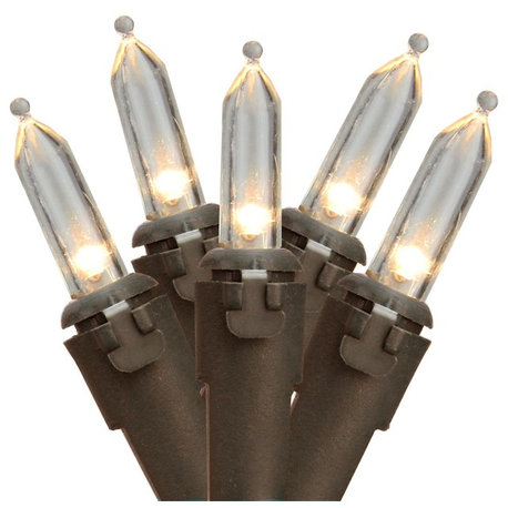 Set of 50 Warm White LED Mini Christmas Lights 4" Spacing - Brown Wire