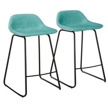 Set of 2 Counter Stools, Sleigh Legs and Comfortable Faux Leather Seat, Aqua Blu