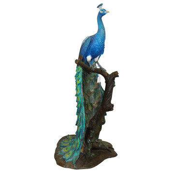 Peacock on Tree Bronze Statue -  Size: 31"L x 30"W x 64"H.