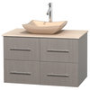 Centra 36" Gray Oak Bathroom Vanity Ivory Marble Top, Avalon Ivory Marble Sink