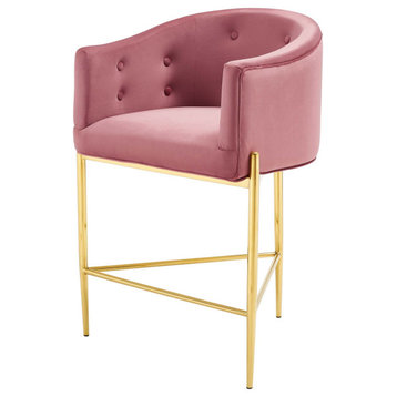 Tufted Counter Stool Chair, Velvet, Metal, Pink, Bar Pub Cafe Bistro Restaurant