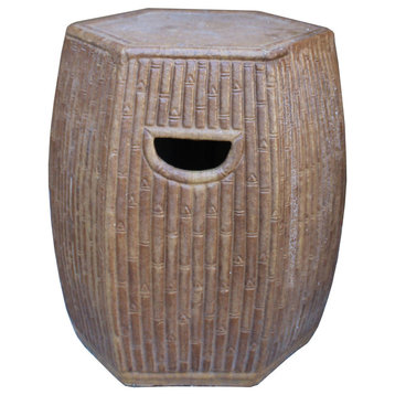 Chinese Hexagon Bamboo Theme Brown Ceramic Clay Garden Stool