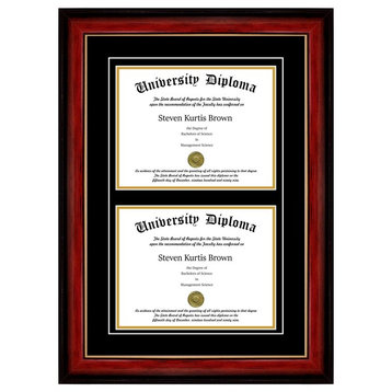 Double Diploma Frame with Double Matting, Mahogany with Gold Lip, 11"x14"
