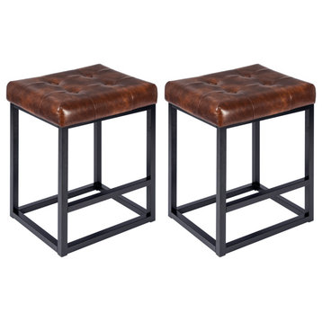 Set of 2 Button Tufted Faux Leather Counter Stools, Dark Brown, 24 in