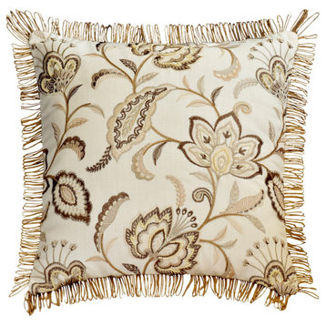 Beige Linen Embroidery Pearl Jute Lace 18"x18" Throw Pillow Cover, Marjorie
