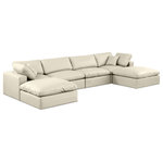 Meridian Furniture - Comfy Upholstered U-Shaped Modular Sectional, Cream, 6-Piece: 2 Armless Chair, 2 Corner Chair, 2 Ottoman, Vegan Leather - Give your space a whole new look with this cream Comfy vegan leather sectional. This handsome sectional fits nicely with other items in the Comfy collection and is a versatile seating option designed for adaptability, comfort and style. Wrapped in rich cream durable vegan leathered upholstery, this sectional offers a plush embrace of overstuffed down feather cushions, carefully crafted to deliver the highest level of comfort. The perfect seat for creating an oasis for relaxation, this sectional has thick foam surrounding its frame for added support and coziness.