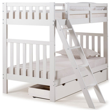 Aurora Twin Over Twin Wood Bunk Bed, Storage Drawers, White