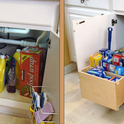 Glide-Out Tray Bin and Shelf with Riser - Before & After - Kitchen Drawer Organizers
