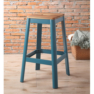 Wood Seat Backless Barstool, Natural and Teal