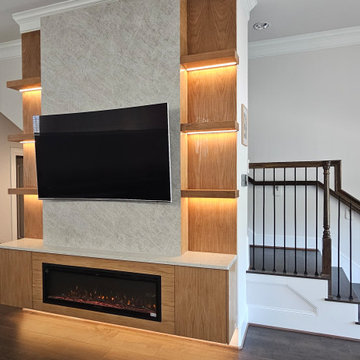 Custom White Oak Media Wall with Fireplace & LED Lighting