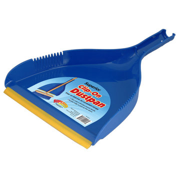 Superio Clip-On Dustpan with Built-In Comb, Rubber Edge Heavy Duty Blue Plastic.