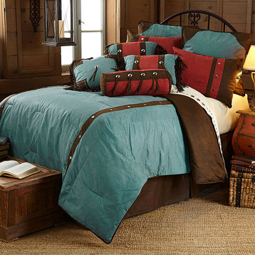 Cheyenne Western Lodge Faux Tooled Leather Comforter Set, 7PC, Turquoise, Super King