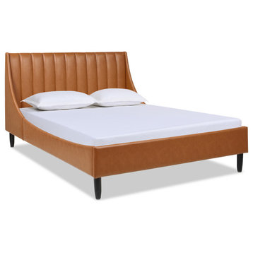 Aspen Vertical Tufted Headboard Platform Bed, Caramel Tan Brown Velvet, King