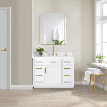 Gavino Vanity With Grain White Composite Stone Top, White/Brushed Gold, 42", With Mirror