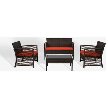 WestinTrends 4PC Outdoor Woven Rattan Wicker Conversation Set Patio Furniture, Coffee/Orange
