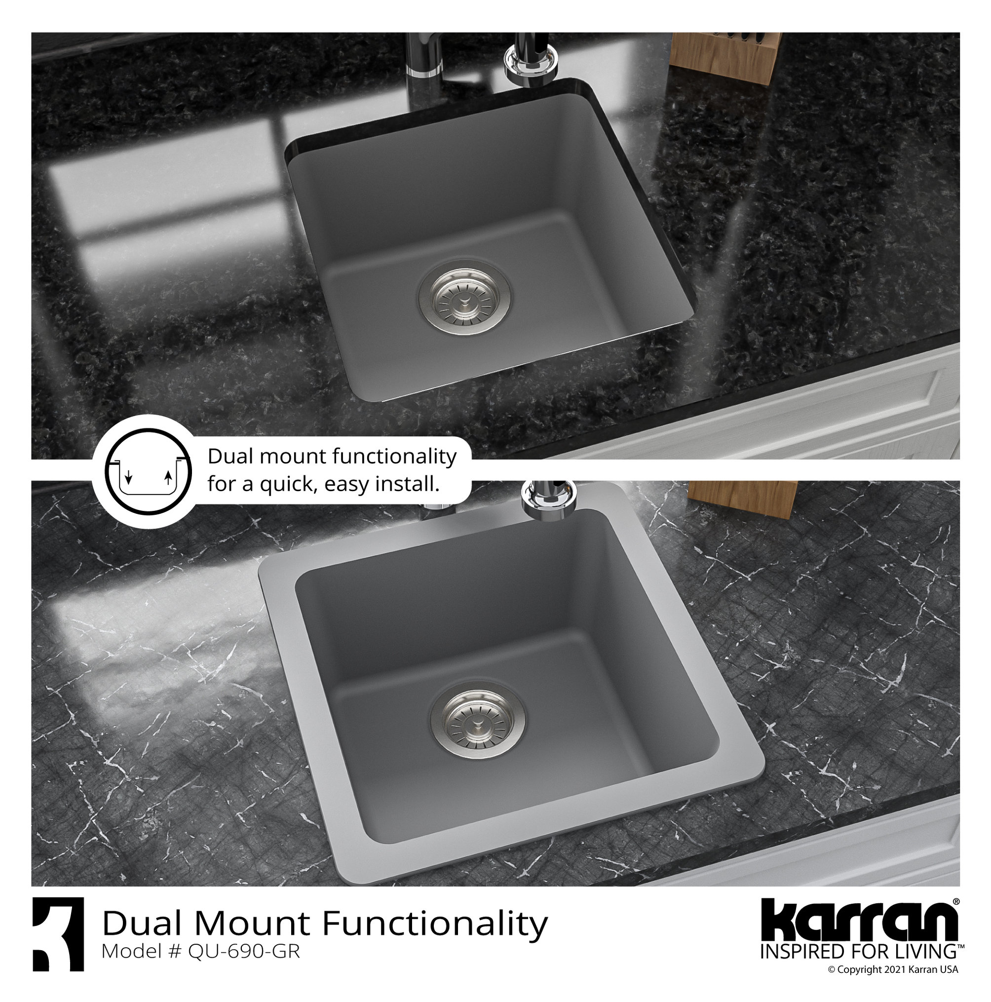 Karran Undermount Quartz Composite 17" Bar Single Bowl Sink, Grey