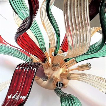 Murano Glass Dalia Ceiling Light -Red, Green & Amber w/24Kt Gold