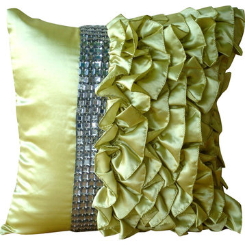 Green Decorative Pillow Covers 18"x18" Satin, Diamonds & Ruffles