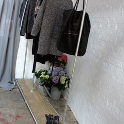 Michelle Galv Steel Pipe Clothes Rail / Rack with Reused Wooden Shelf on Castors - Wardrobes and Armoires