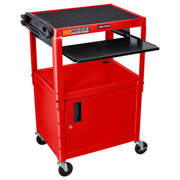 Luxor Adjustable Height Red Metal A/V Cart With Pullout Keyboard Tray, Cabinet