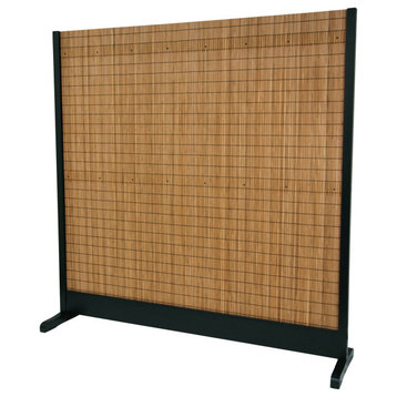 Tall Room Divider, Spruce Wood Frame With Woven Bamboo Slats, Black/Natural