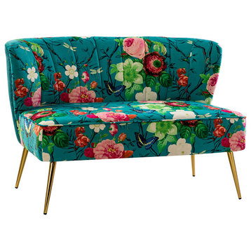 Contemporary 47" Loveseat, Floral Pattern, Blue