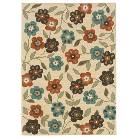 7' x 10' Brown and Ivory Floral Stain Resistant Indoor Outdoor Area Rug