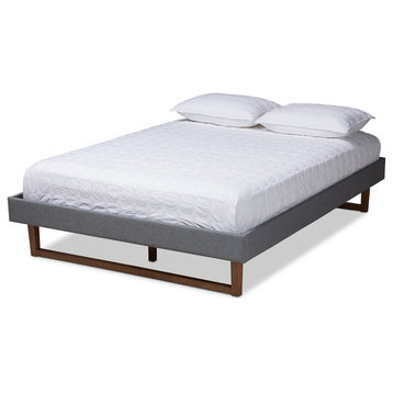 Tristin Dark Gray Upholstered Walnut Brown Wood Full Platform Bed Frame