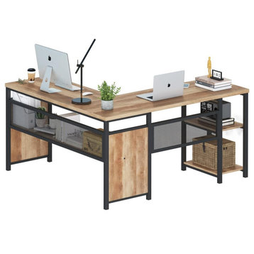 L Shaped Desk, Reversible Design With Metal Frame & Open Shelves