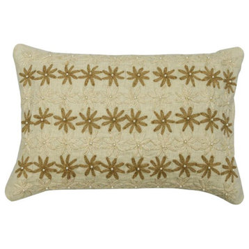 12"x26" Floral Embroidery Ivory Linen Lumbar Pillow Cover - Floralism Dream
