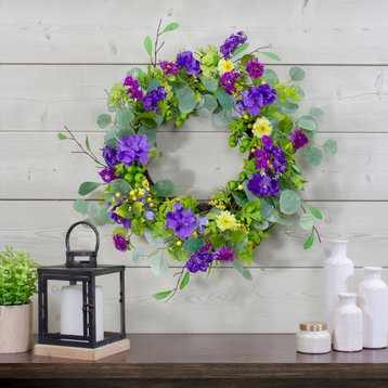Eucalyptus and Hydrangea Floral Berry Spring Wreath, Purple and Yellow 23"