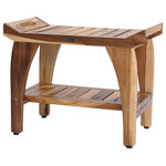 EcoDecors - EcoDecors EarthyTeak Tranquility 24" Teak Shower Bench With Shelf - EcoDecors develops unique home decor & furnishings using recycled, reclaimed, and upcycled materials. We focus on using materials that let the natural beauty of wood be highlighted included the beautiful natural wood grains, and coloring variations in teak that is naturally indigenous to the species. We have developed a coating process that both protects the wood, and brings out the natural grains and colors of the teak wood. Every EcoDecors furniture and accessory uniquely highlights its materials. EcoDecors is a small family owned and operated company pricing itself on quality, value, and service. We source directly from small rural workshops in developing countries. Our craftspeople use artisan techniques handed down from generation to generation to craft cast off doors, old boats, buildings, brides, rail road ties, teak roots, and other material into one of a kind functional works of art. To assure our quality we employ our own inspection staff on site and also do 100% quality re-inspection in the USA.  The included standard utility shelf provides extra storage for toiletries or towels. This compact size of 24" length x 14" width x 18" height provides a compact footprint that will fit in most tight areas. These stools include foot leveling pads to provide extra flexibility and stability to allow stabilization due to any minor slope, and uneven surfaces, like shower floors. Teak is naturally water, mold, and mildew resistant due to its natural density and high oil content. It has been the wood of choice for hundreds of years of luxury boat builders. This natural resistance has been supplemented by using our proprietary EcoDecors sealer which is a deep penetrating stain with added mold, mildew, and fungus inhibitors. It provides the ability for this teak furniture to be used outdoors as well as indoors.