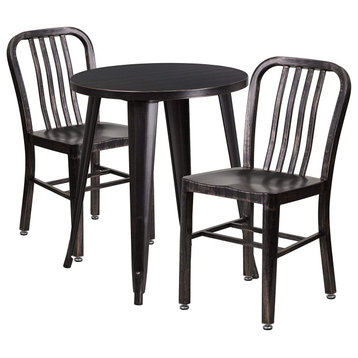 3 Piece Patio Bistro Set, Contoured Chairs With Slatted Back, Black Antique Gold
