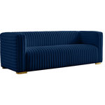 Meridian Furniture - Ravish Velvet Upholstered Chair, Navy, Sofa - Bring your living room decor into the moment with this Ravish velvet sofa. This beautiful sofa features all-over upholstery in a soft navy color that's easy to blend with other color elements in your space. The deep channel tufting that runs horizontally and vertically along the sofa's exterior adds to its lovely look, and it comes with both gold and chrome legs for a custom finish.