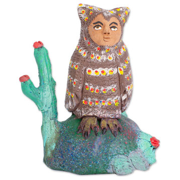 Novica Ceramic Nahual Sculpture Owl Man