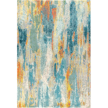 Contemporary POP Modern Abstract Vintage Area Rug, Blue/Cream/Yellow, 8x10