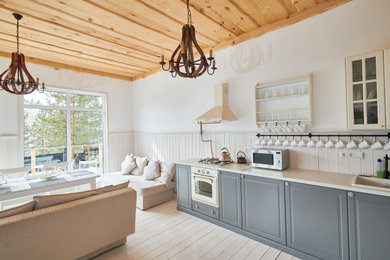 Family room - mid-sized rustic open concept light wood floor family room idea in Salt Lake City with white walls