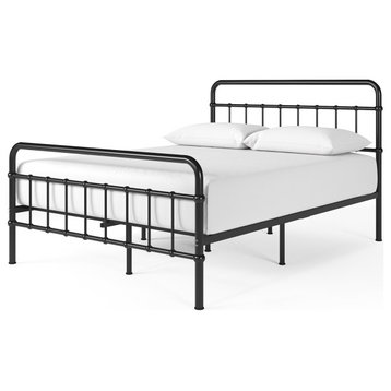 Classic Platform Bed, Metal Frame & Headboard With Rounded Edges, Black, Queen